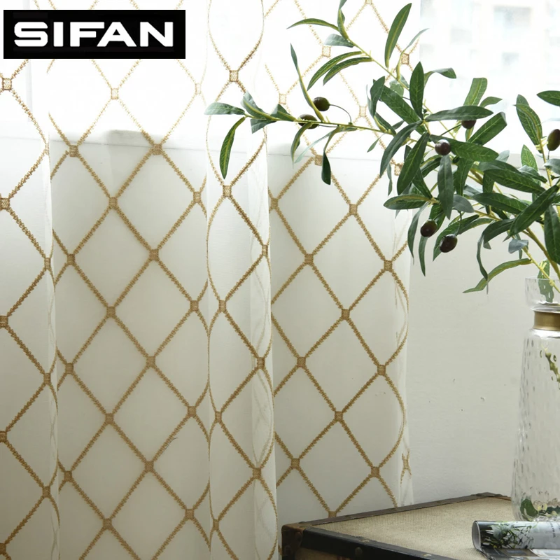 Новые белые/Коричневые Шторы в клетку со стразами и вышивкой занавески из вуали