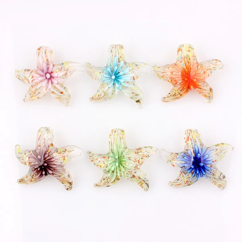 QianBei Wholesale 6pcs handmade Murano Lampwork Glass Mix Color reticular Flower Starfish Pendants Fit Necklace