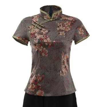 brown Sheng Coco женские топы в китайском стиле, зеленые Топы Cheongsam, шелковые атласы, китайская рубашка, элегантные топы с принтом пиона, китайская одежда - Цвет: brown