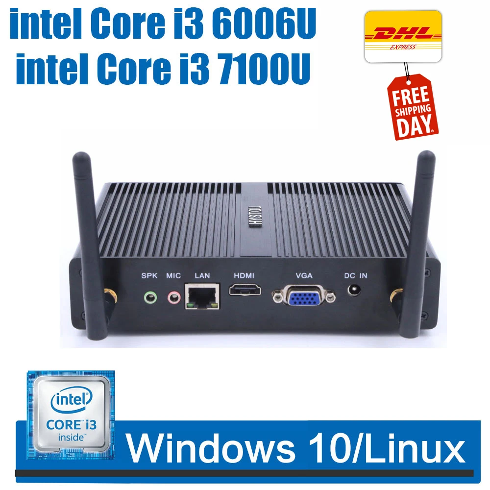 Core i3 6006U mini pc Windows 7 8 10 Gigabit LAN ПК без вентилятора 1VGA + 1 HDMI office неттоп мини ТВ коробка