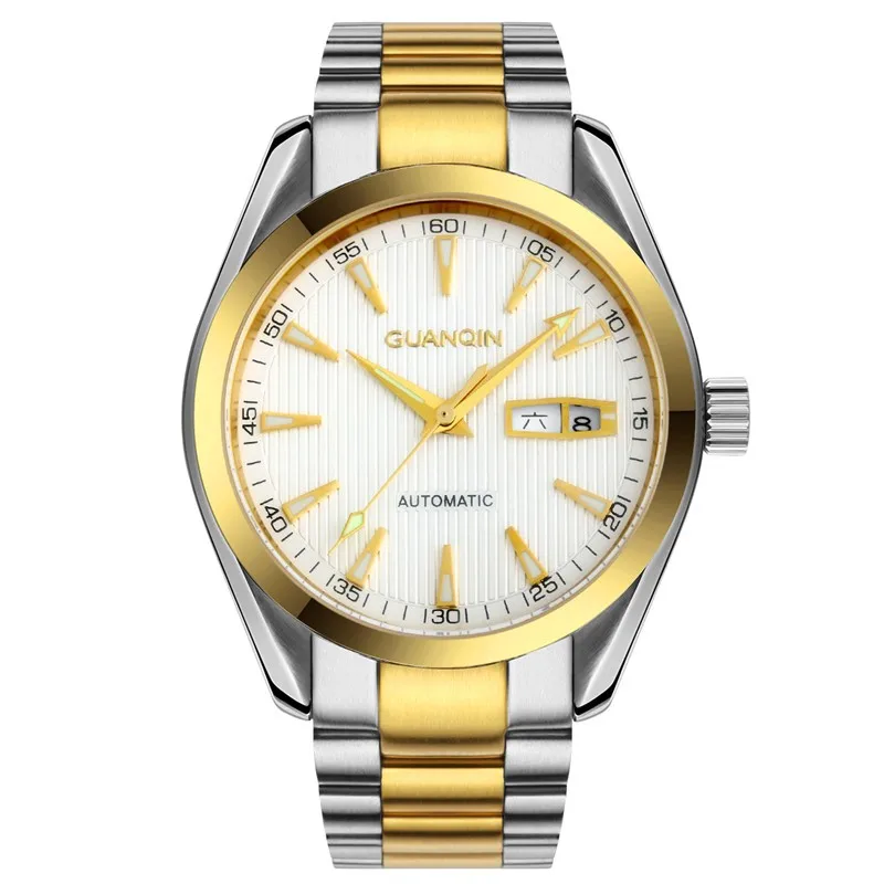 gold white Мужские s часы GUANQIN часы мужские наручные часы мужские s автоматические самоветер Hardlex светящиеся водонепроницаемые Роскошные Механические часы - Цвет: gold white