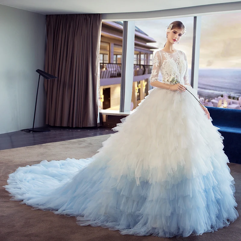 Luxury Ball Gown Wedding Dress Dubai Sexy Illusion Puffy Gowns Half Sleeves Colorful Royal Train Princess | Свадьбы и торжества