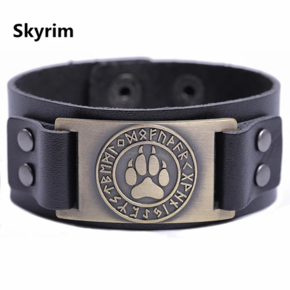 Skyrim Викинг-Волк когти браслет Викинг нордические руны Медвежья Лапа кожаный широкий браслет из натуральной кожи ремешок кожаные браслеты - Окраска металла: Black-Bronze