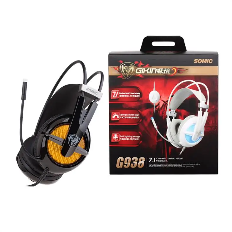 SOMIC G938 Virtual 7,1 Наушники с объемным звуком Звукоизолирующие наушники USB светодиодный сильный Басс Игровые наушники с микрофоном - Цвет: Black with gift box
