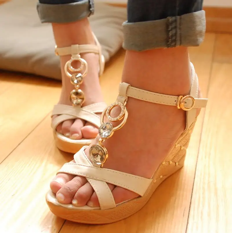 2013 circle big rhinestone beaded t bling hasp wedges high-heeled sandals female shoes | Обувь