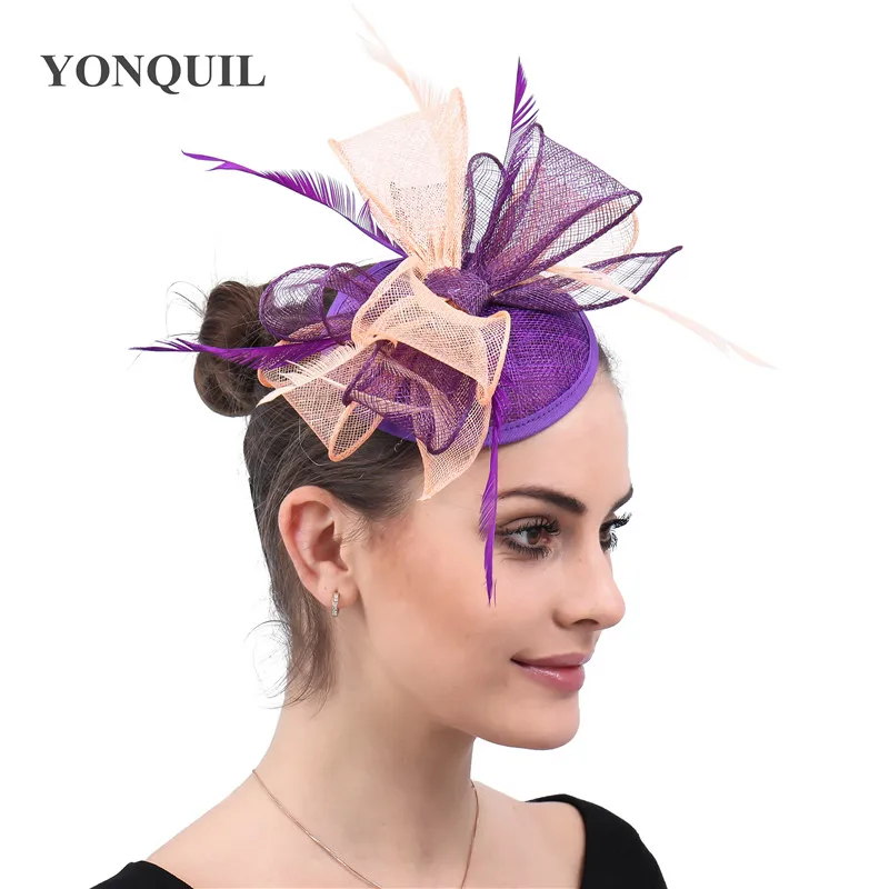 Модные розово-зеленые вуалетки Sinamay с бантом шляпа перьями красивая шапка Дерби