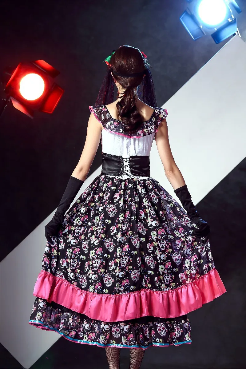 День мертвых испанских Леди Костюм призрак невесты Череп печати платье Weid