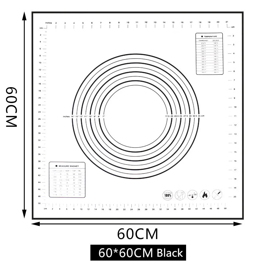 60x60CM Black Большой размер антипригарный силиконовый коврик для выпечки многоразовый коврик для выпечки инструмент для выпечки 80*60 см/70*50 см/60*60 см/60*50 см - Цвет: 60x60CM Black