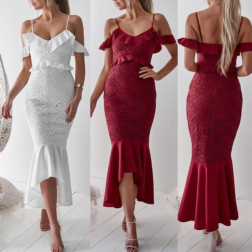 Robe longue женское платье Элегантное сексуальное кружевное коктейльное с рюшами и
