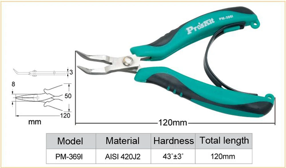 Pro'sKit PM-396I Нержавеющая сталь AISI420 изогнутые плоскогубцы для носоупоров по обмотке проводов Бисер Ювелирная проволока для упаковки
