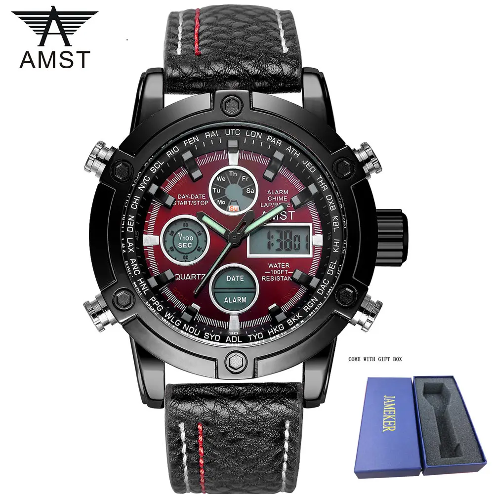 black red Мужские часы от роскошного бренда, мужские кожаные спортивные часы, модные мужские кварцевые светодиодный цифровые часы, водонепроницаемые военные наручные часы - Цвет: black red