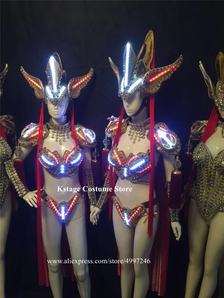 KS6 Singer ballroom dance led costumes luminous light headpiece dj dress glowing bikini wear catwalk stage outfits perform party | Дом и сад