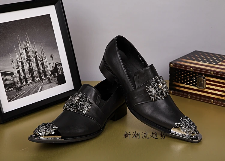 Черный Череп Натуральная Кожа Мужчины Оксфорд Обувь Скольжения На Платье обувь