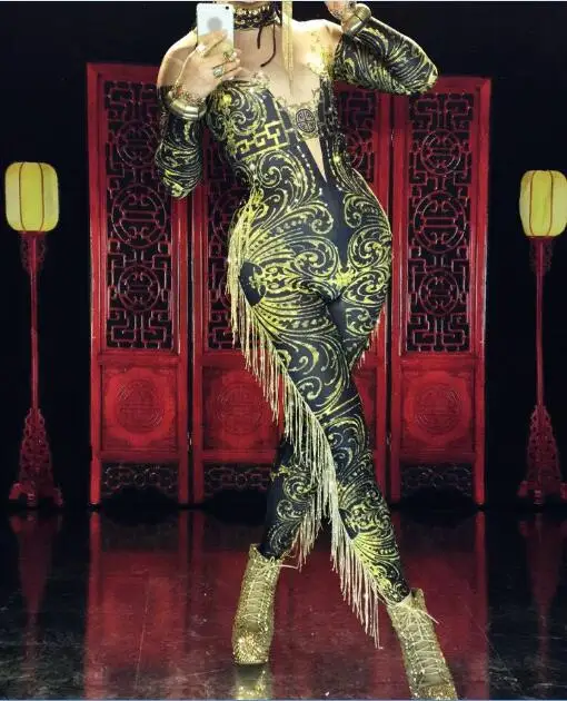 pic color jumpsuit Сексуальные печатные леггинсы с бахромой комбинезон Стразы женский узкий комбинезон на день рождения певица DS шоу ночной клуб Пром сценическая одежда - Цвет: pic color jumpsuit