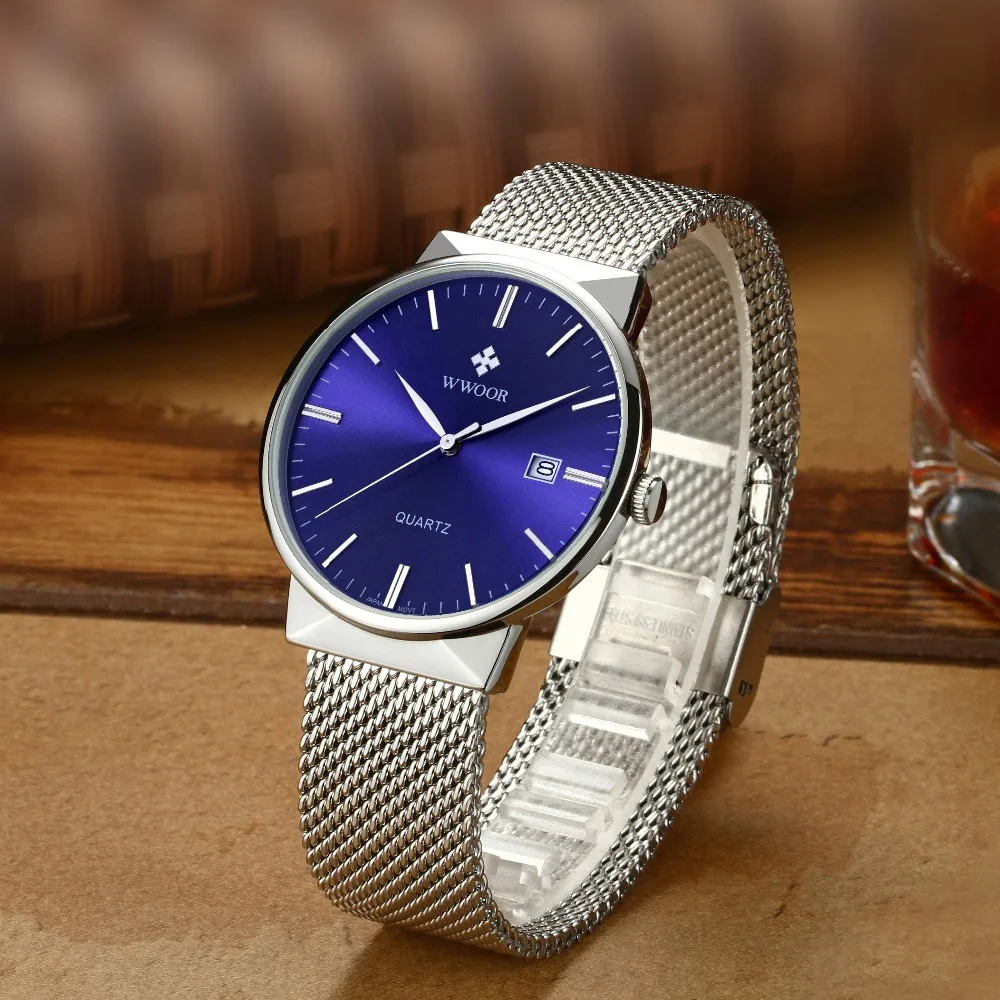 WWOOR Модные кварцевые мужские часы Авто Дата сетка нержавеющая сталь Бизнес