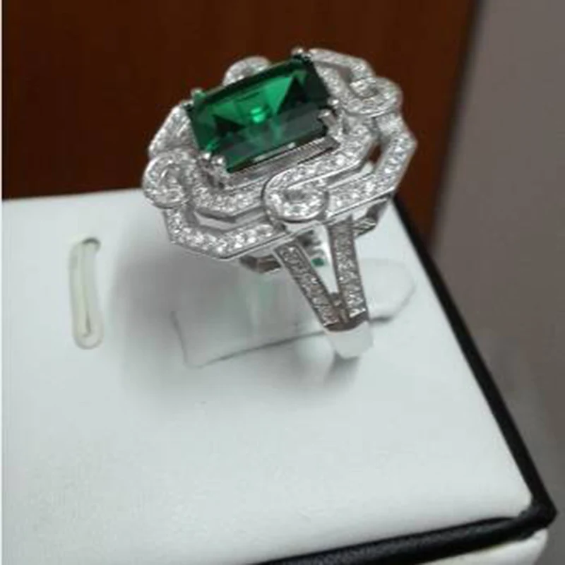 Qi Xuan_Fashion Jewelry_Luxury прямоугольные CZ зеленые камни Rings_S925 Твердые серебряные Rings_Factory
