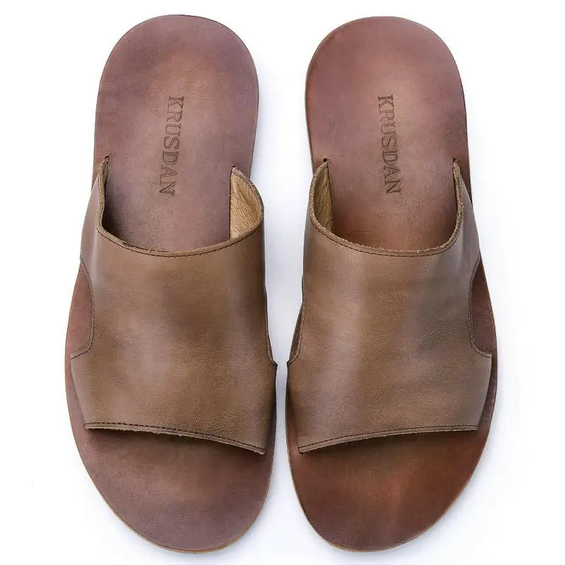 Мужские тапочки на резиновой Шлепанцы из натуральной кожи пляжные сандалии