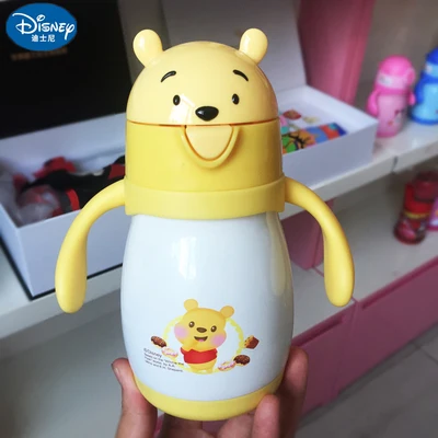yellow Winnie Disney Baby термос из нержавеющей стали, чашка для кормления, обучающая Питьевая чашка с соломинкой, термобутылка, вакуумная колба - Цвет: yellow Winnie