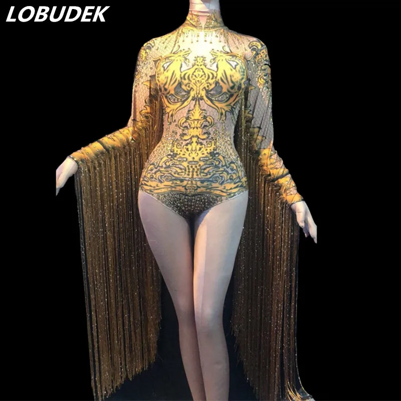 Gold Rhinestones Long Tassels Sleeve Bodysuit Women Stage Dance Costume Nightclub DJ Singer Performance Fringes Jumpsuit Leotard
