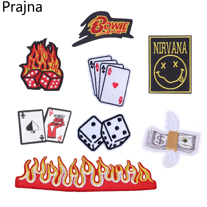 Prajna Fire Nirvana Bowie патч змея кости дешевые вышитые нашивки значки покер карты аппликация пришить железные нашивки для одежды