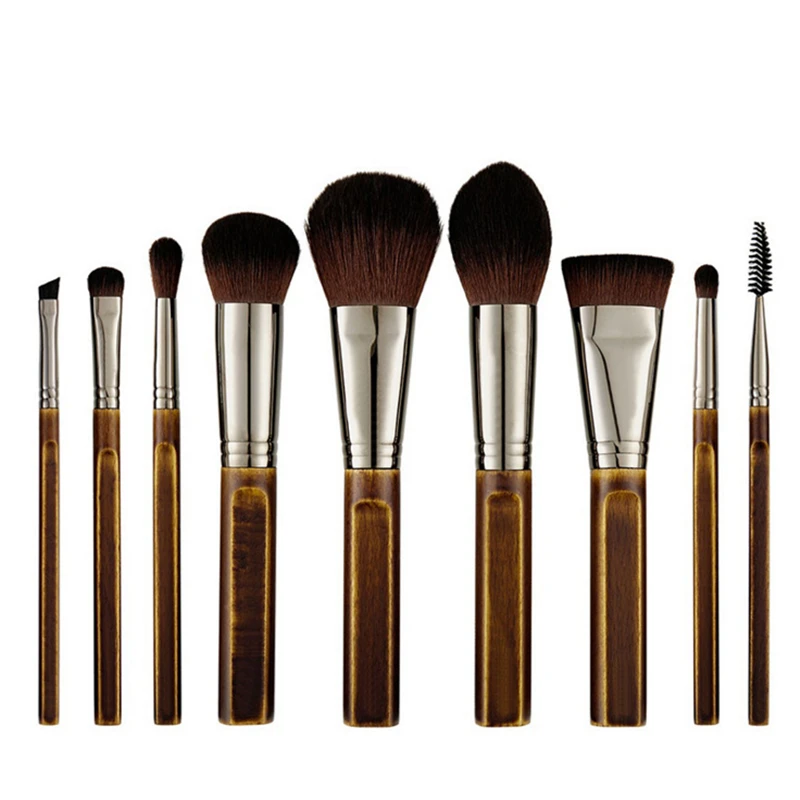 

Vintage 9Pcs Makeup Brushes Set Natural Wood Foundation Powder Blusher Bronzer Eyeshadow Blending Eyelash Brush Kit with bag