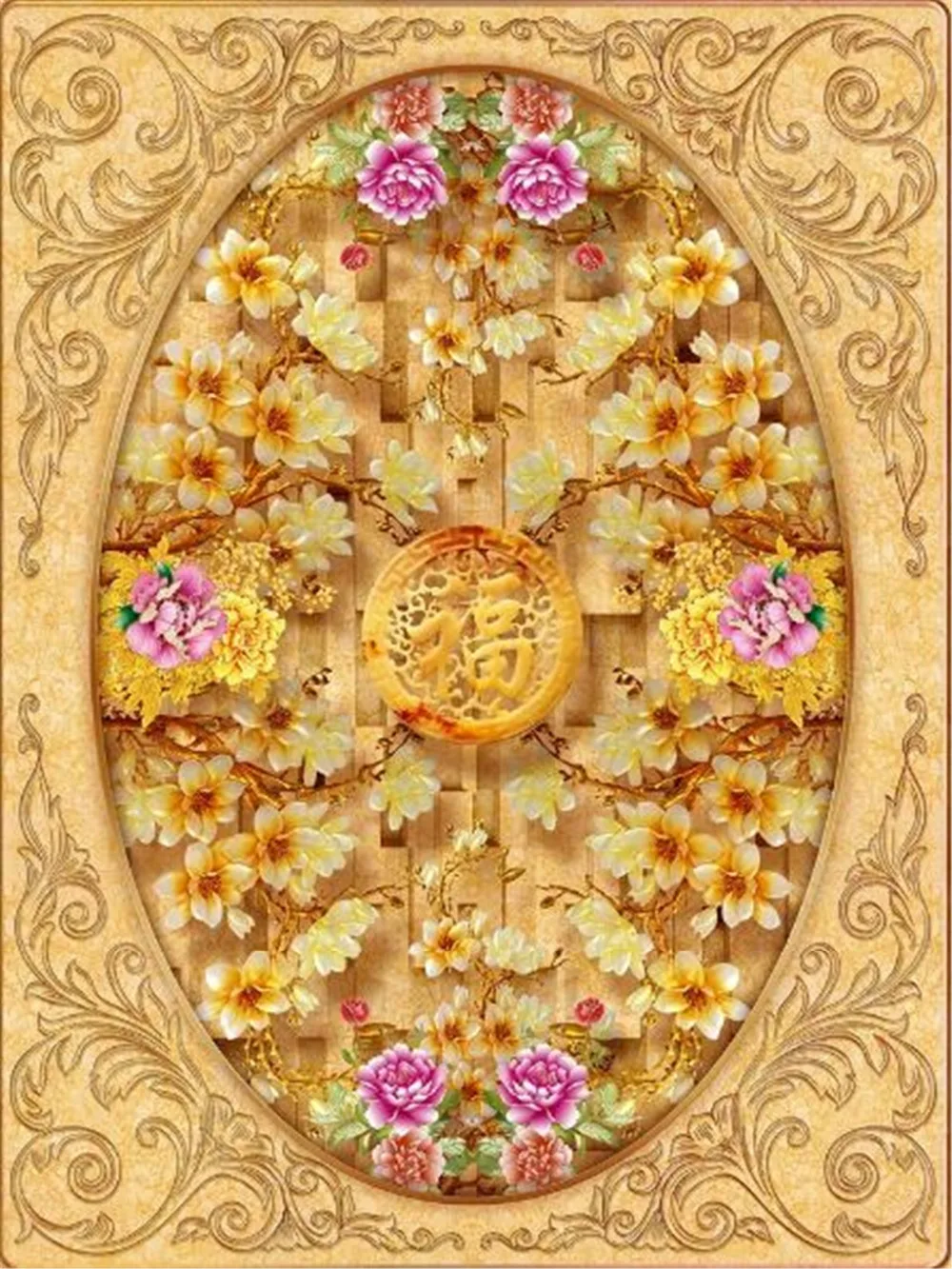 

Custom Photo 3d Wallpaper Chinese Rich And Colorful Carved Peony Fu Word Living Room Bedroom 3D Floor Interior Mural Wallpaper
