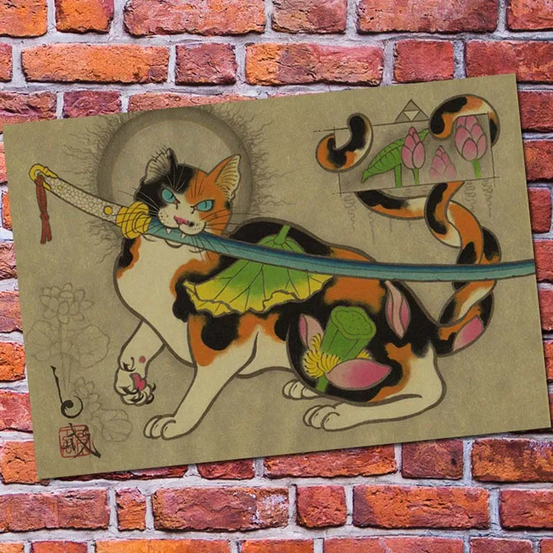Черный Уютный момент японский самурайский Кот/тату Кот ВИНТАЖНЫЙ ПЛАКАТ для кафе-бара настенная декоративная живопись постер QT3842 - Цвет: Черный