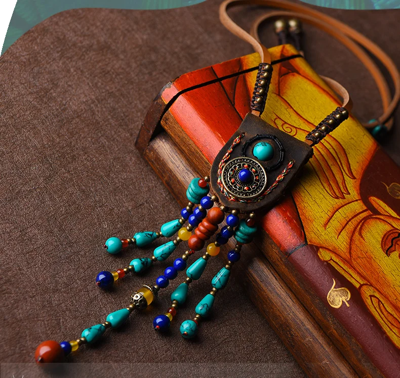 Модные Этнические верхний слой кожи Jewelry тибетская ожерелье, Vintage камни ожерелье, новые женские индийский подвески, колье