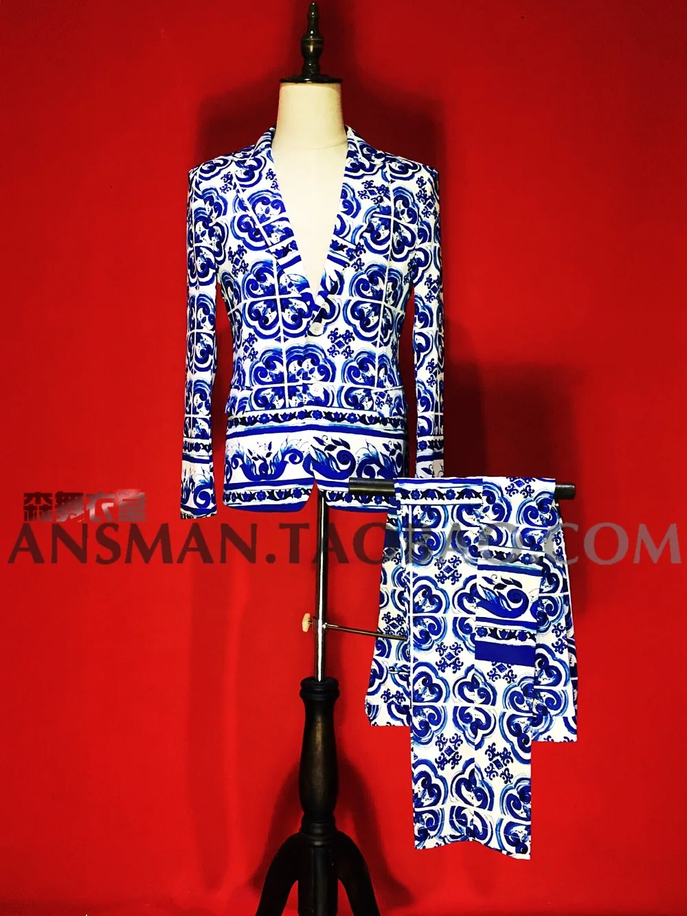 2021 новая мужская одежда певца модный тонкий синий и белый фарфор костюм мужской