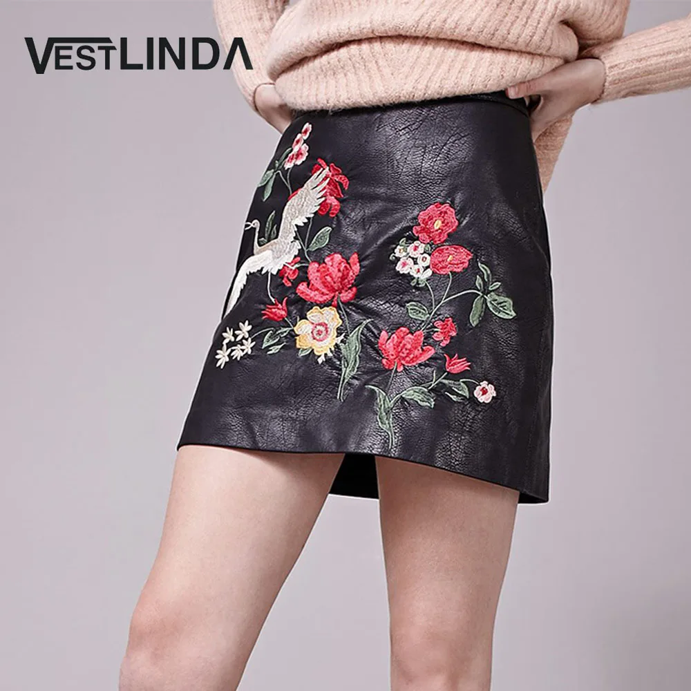 VESTLINDA черная юбка с цветочной вышивкой винтажная юбка-карандаш из искусственной