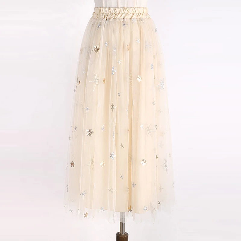 Тюлевая юбка с блестками и вышивкой весенне-летняя черная эластичная юбка-пачка