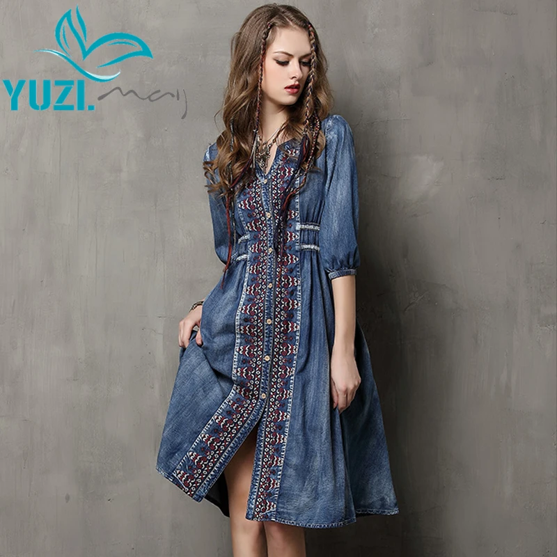 Платье Трапециевидный Винтажный Половина Лето Стиль Vestidos 2015 Yuzi хлопок рукав с