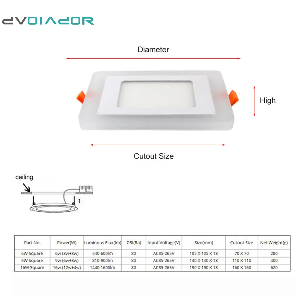 DVOLADOR Square Double Color LED Panel Light 6W 9W 16W AC110V-220V led Ceiling Recessed Downlight for home Decoration light | Лампы и
