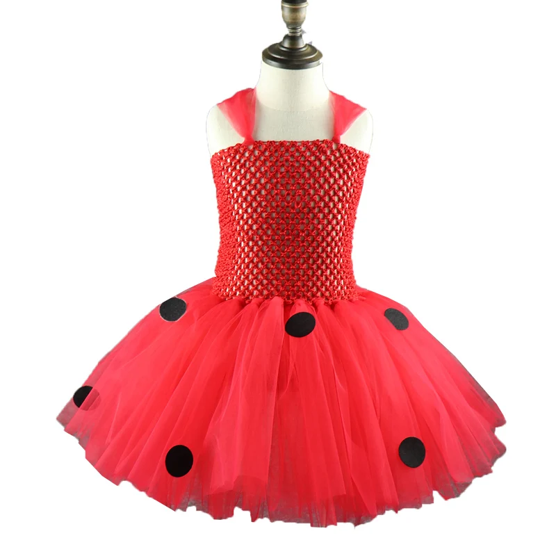 only 1 pcs dress Платье-пачка в красный горошек с изображением божьей коровки для маленьких девочек Детский комплект с крыльями, маскарадный костюм божьей коровки для детей, праздничные платья на день рождения для девочек, XX001 - Цвет: only 1 pcs dress