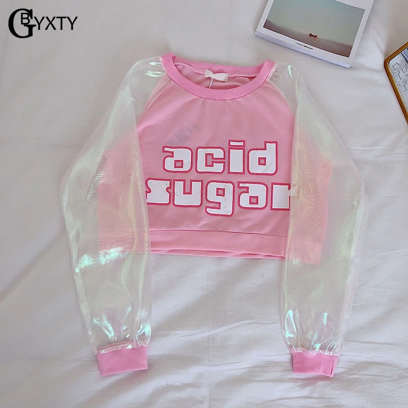 GBYXTY голографические Топы женские Harajuku сетчатая Лоскутная Прозрачная Футболка с длинным рукавом укороченная футболка розовая футболка Femme ZA1606