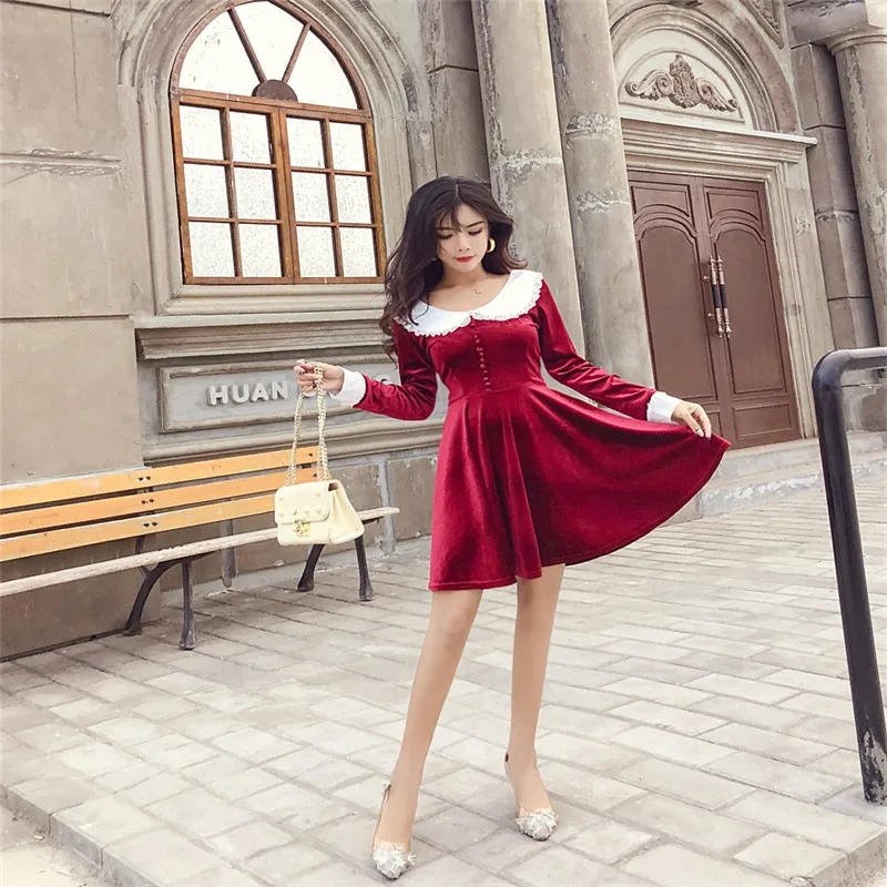 Французский Ретро женское платье бархат контраст цветная кукла воротник 2019