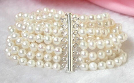

8'' 8strands white pearls bracelet bangle silver Natural free shipping