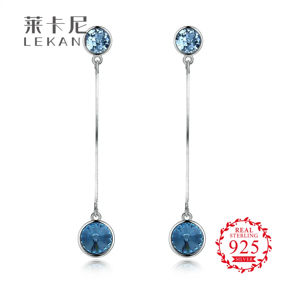 LEKANI кристаллами от Swarovski длинные висячие серьги для женщин синий кристалл камни
