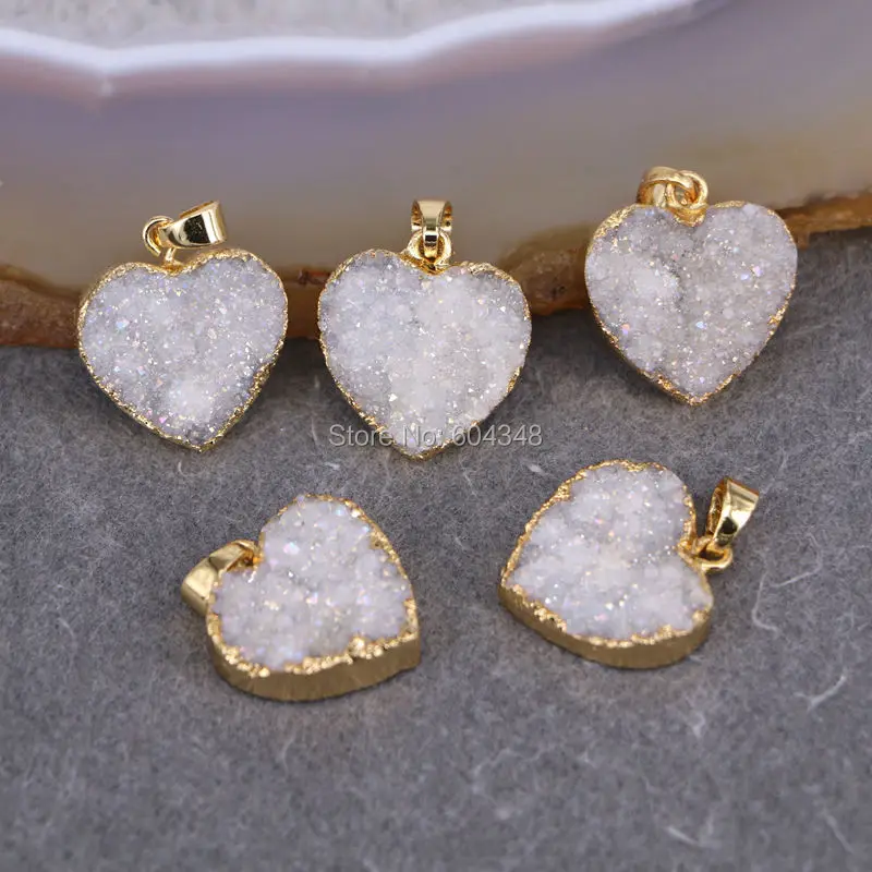 5pcs Charm Quartz Pendant Heart Gold color White AB Crystal Drusy Gem stone For Jewelry Making | Украшения и аксессуары