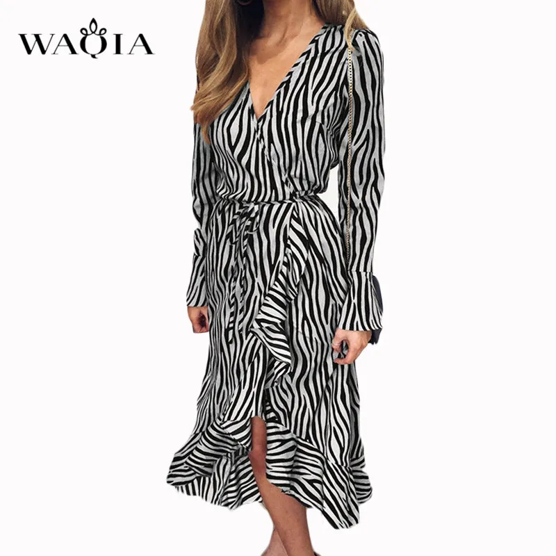 WAQIA Wave Print Dress 2019 Women Summer Long Beach Loose Sleeve Sexy V-neck Party Plus Size Vestidos De Fiesta | Женская одежда