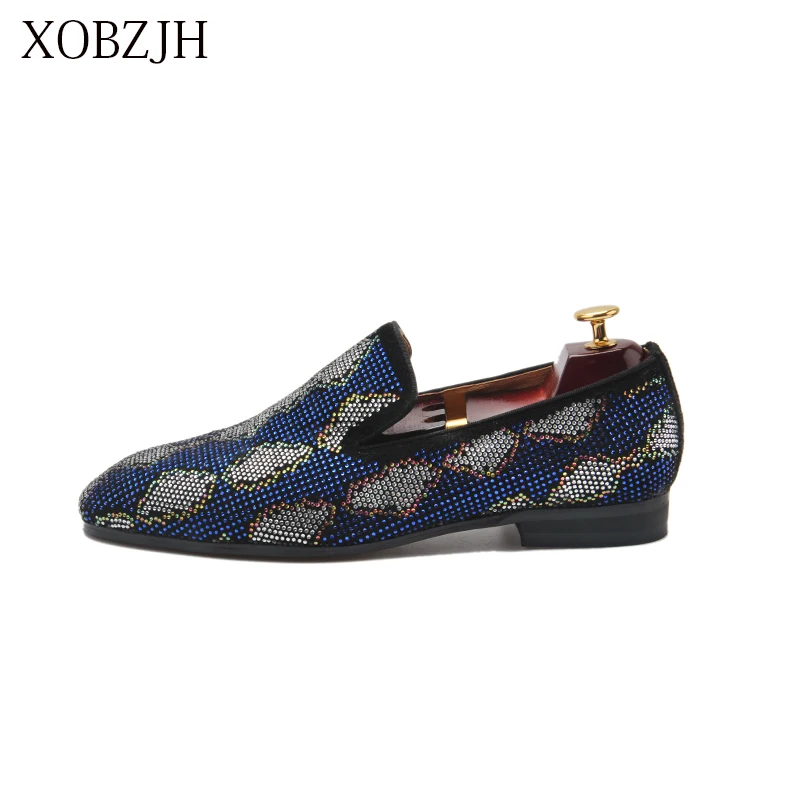 

Italian Genuine Leather Wedding Loafers Men Luxury Formal Dress red bottom Shoes Designer Blue Rhinestone Prom Shoes Big Size