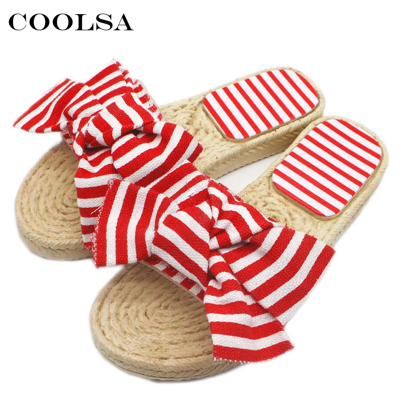Coolsa новый летний Для женщин лук Шлёпанцы для с бантом в полоску Сандалии девочек