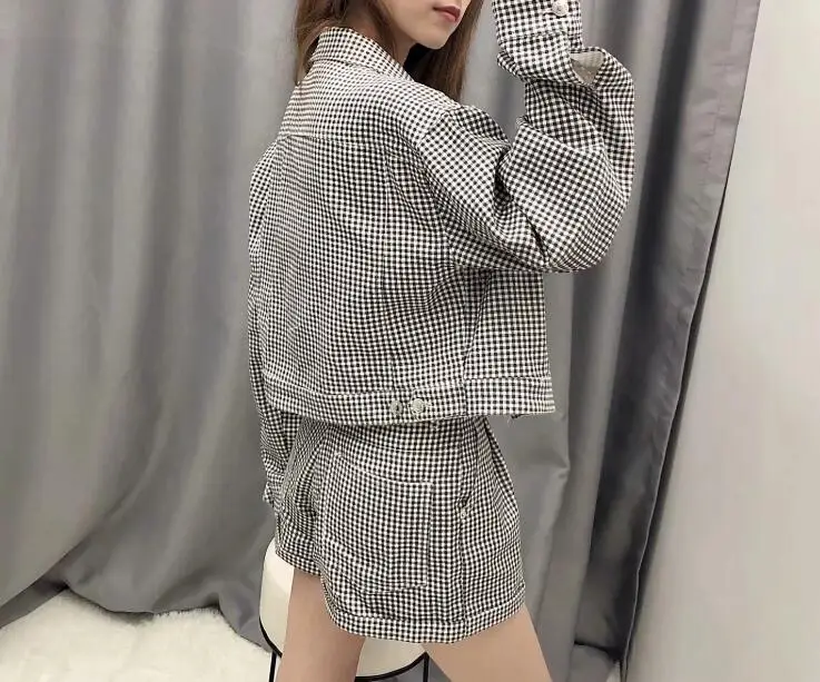 Клетчатая куртка в клетку с отворотами в стиле бойфренда свободные шорты с высокой талией Короткие штаны костюмы с длинными рукавами комплект из 2 предметов