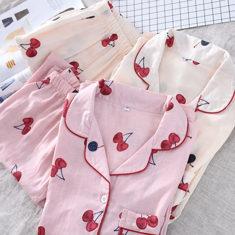Spring And Autumn New Lady's Pajamas Set Cherry Printed Gauze Cotton Turn-down Collar Long Sleeve Trousers Household Wear