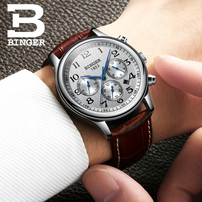 Watches Men Luxury Brand BINGER Automatic Mechanical Watch Waterproof Calendar Leather Wristwatch relogio masculino