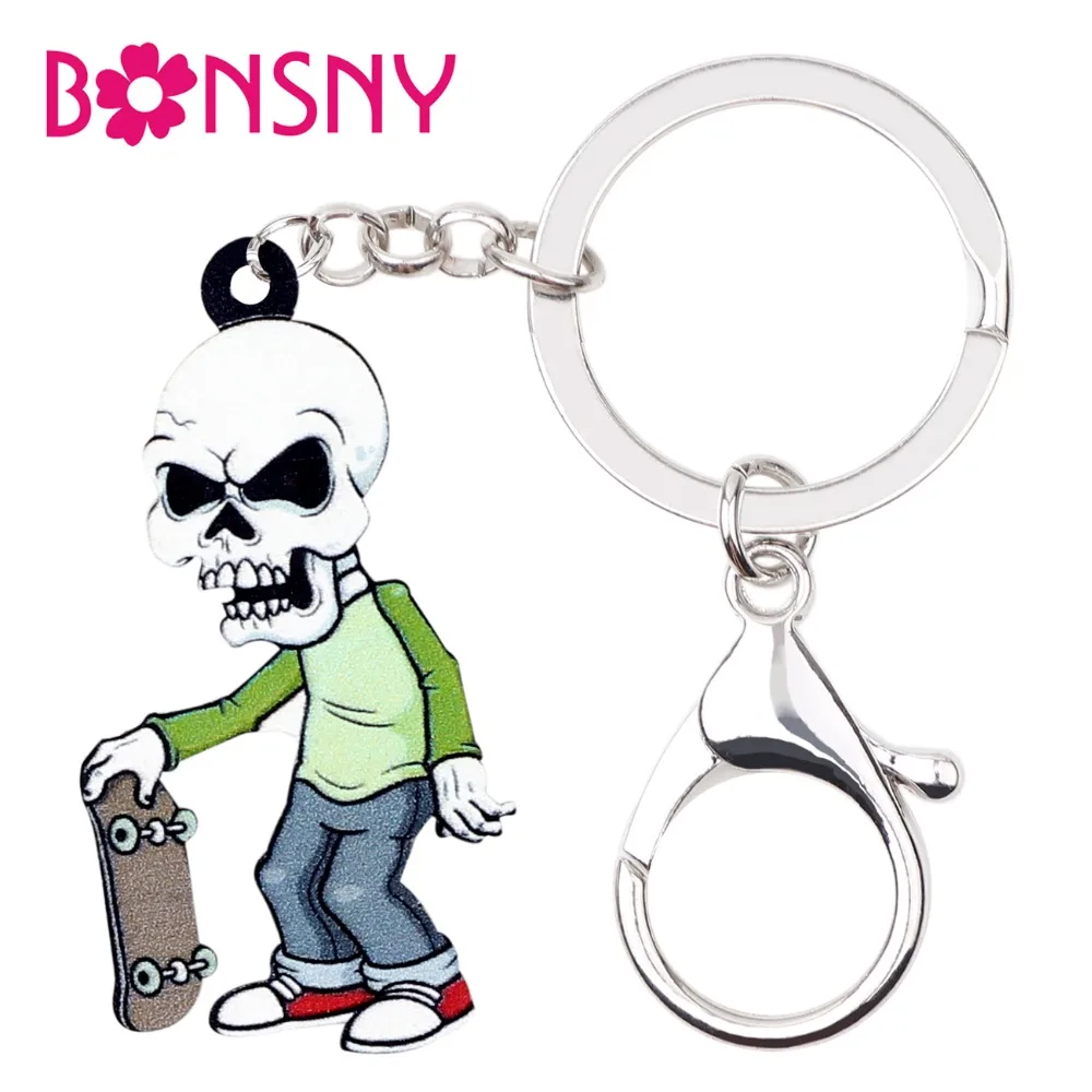 Bonsny акриловые Мультяшные брелки на Хэллоуин скейтборд мальчик череп кольца в