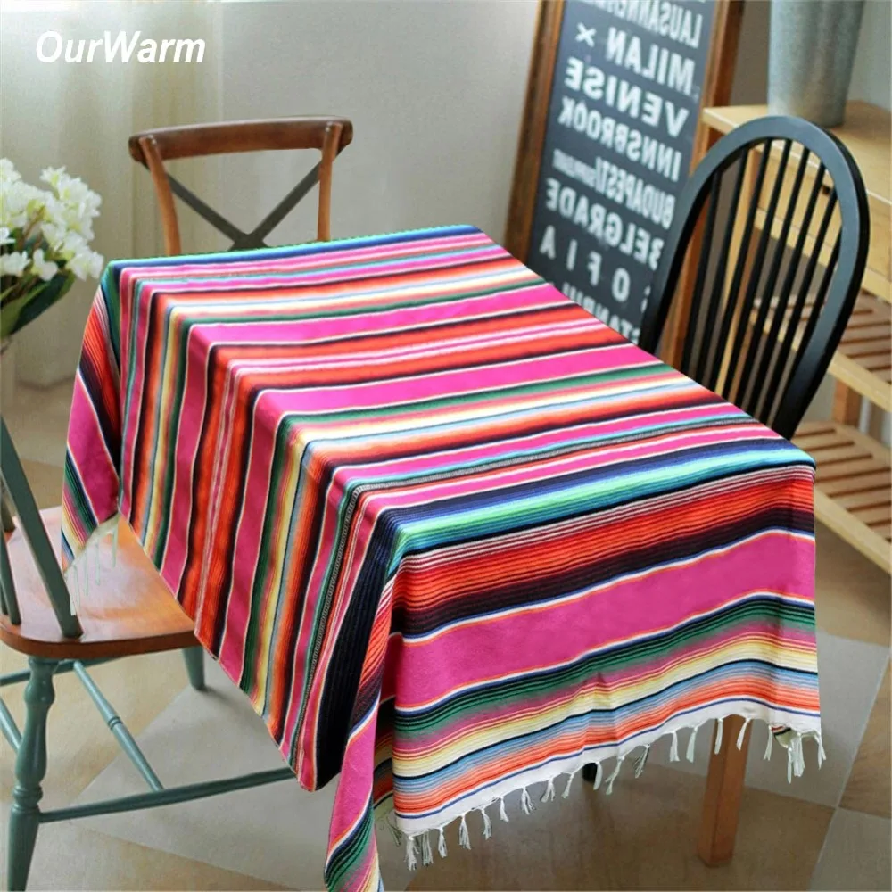 OurWarm 150X215cm Mexican Cotton Table Cloth Mexican Party Decoration Rainbow Serape Blanket Fiesta Birthday Party Supplies