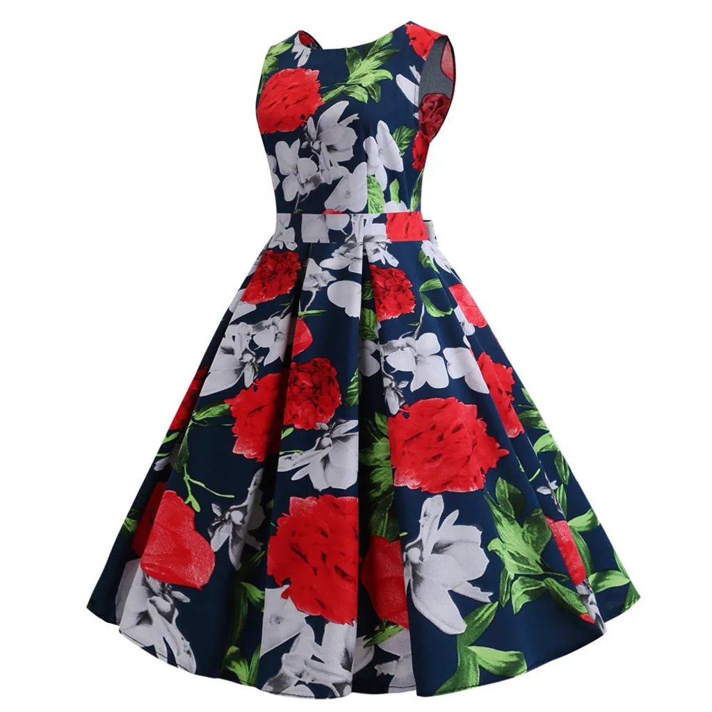 2019 женское винтажное сексуальное платье без рукавов с принтом Повседневная