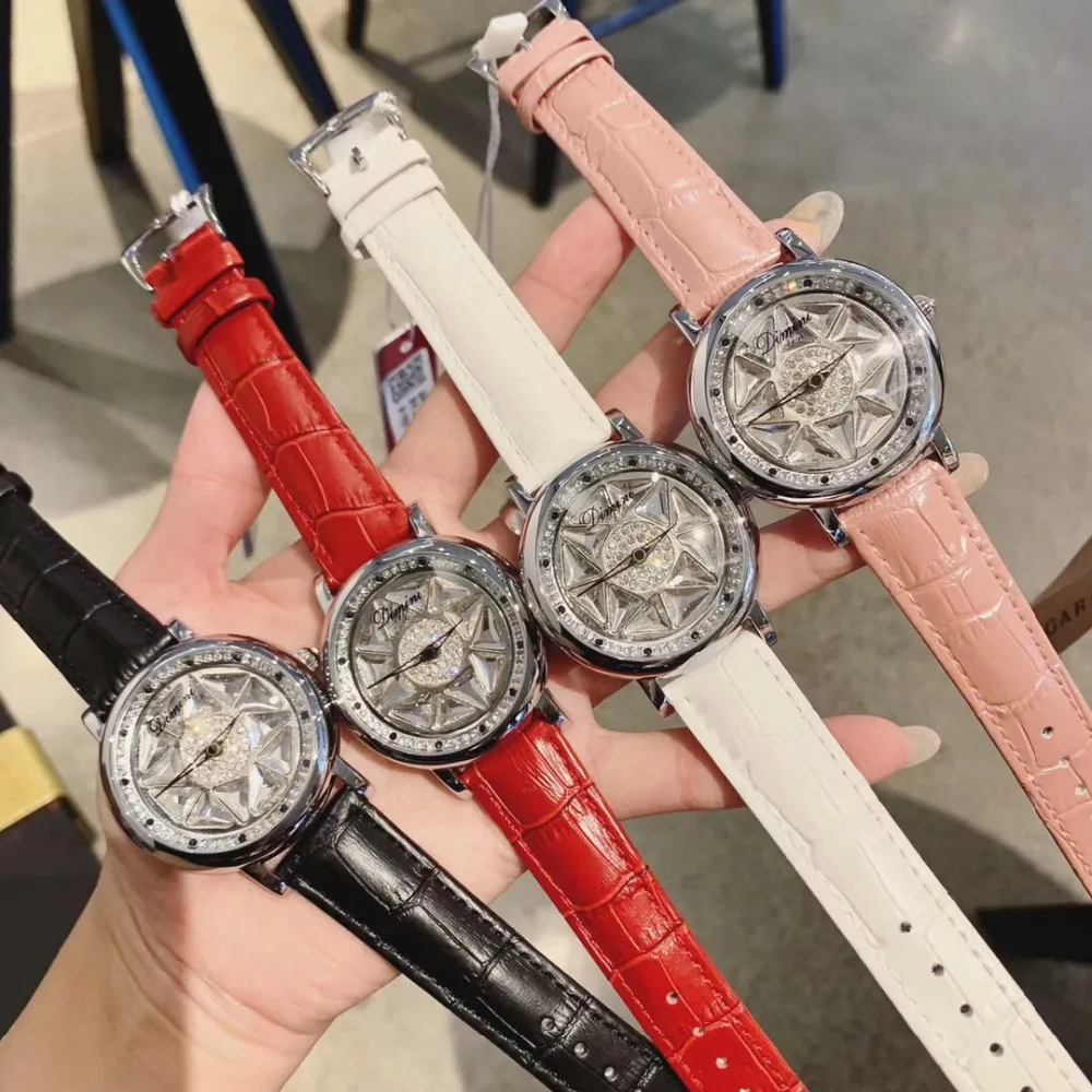 Экстравагантные женские часы с полностью кристаллами вращающиеся кварцевые