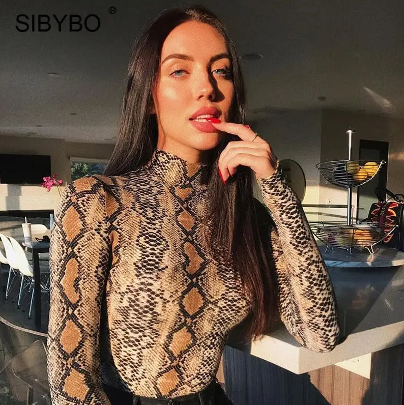 as shown SIBYBO боди с принтом под змеиную кожу, женские Топы с длинным рукавом, осенне-зимние облегающие боди с высоким воротом, женские комбинезоны - Цвет: as shown